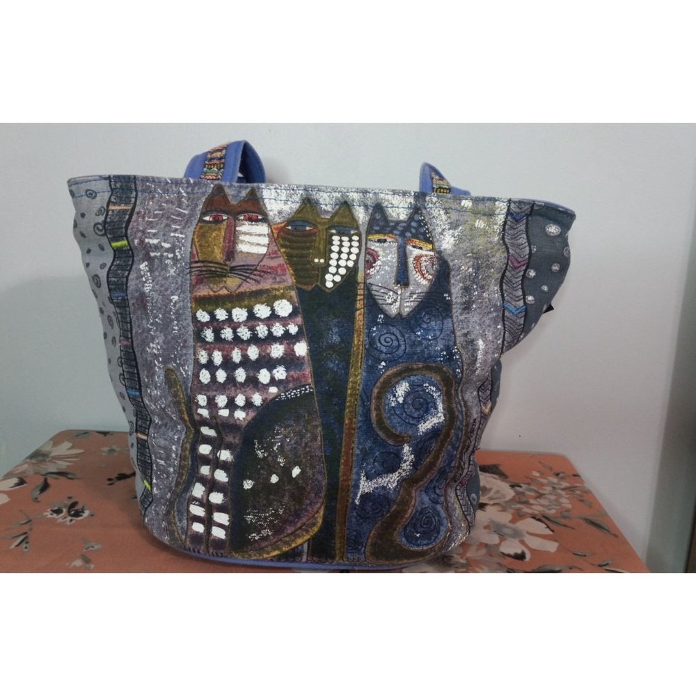 Laurel Burch Cat Grey Blue Whimsical Canvas Large Colorful Handbag